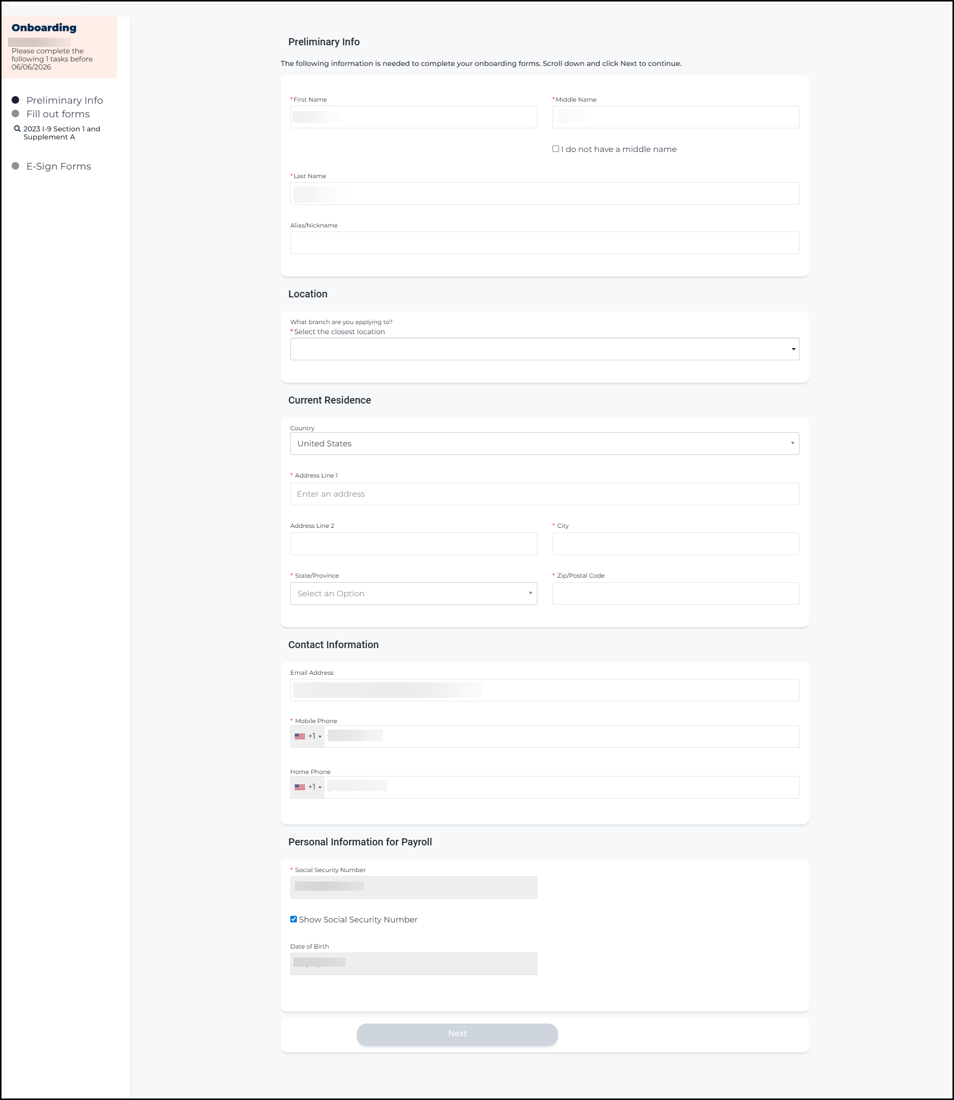 The old Preliminary Info page showing name, location, current residence, contact information, and personal information for payroll fields, centered on the page with the previous visual style.